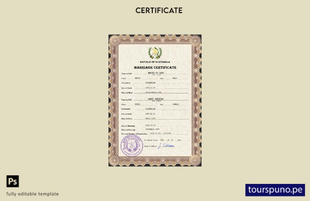 Plantilla PSD de certificado de matrimonio de Guatemala listo para imprimir